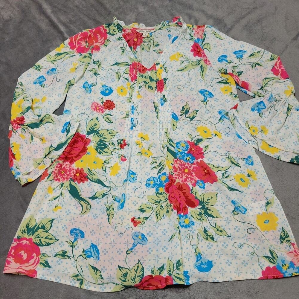 Pioneer Women Blouse White Floral Shirt Size Small Ruffle Bell Sleeve Sheer‎ Top